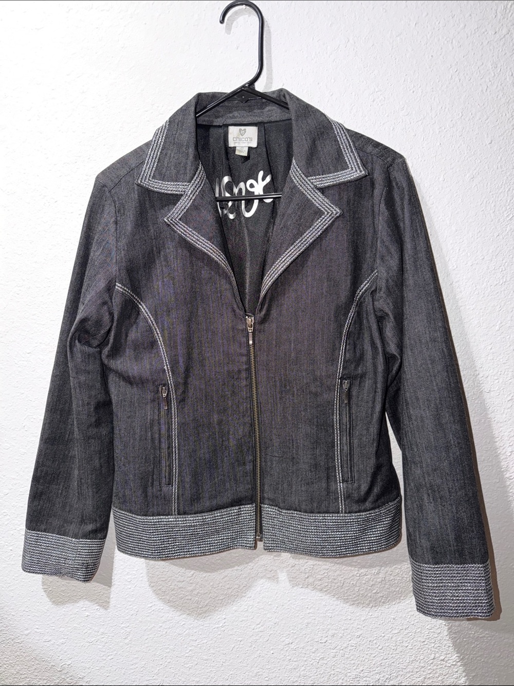 Chico's Women Size 0 US Small Black Grey Denim Jacket Metallic Love Embroidery